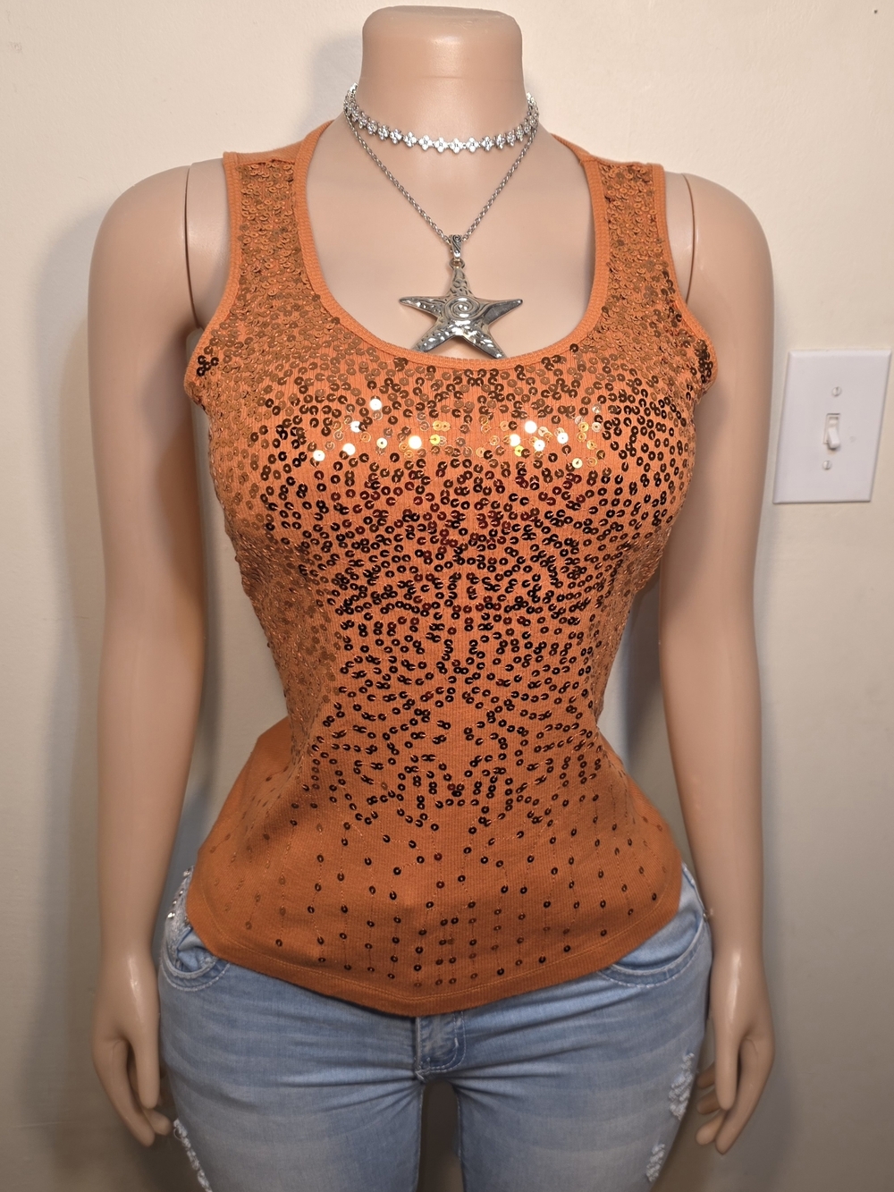 Only Nine Orange Sequin Scoop Tank Top
